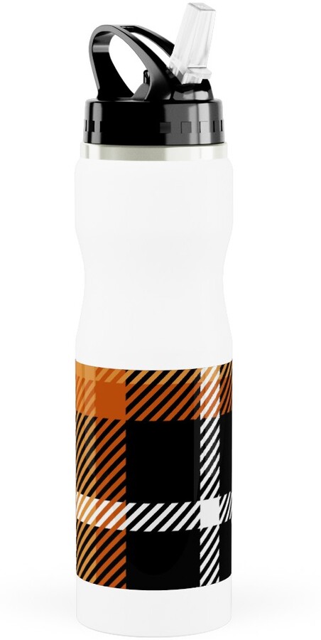 Orange and Black Plaid Stainless Steel Water Bottle with Straw