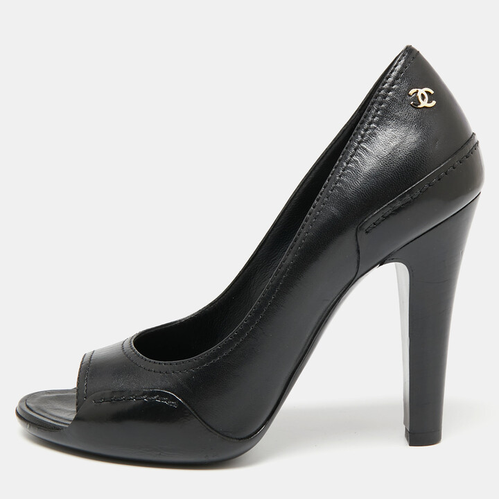Chanel Black Leather CC Open Toe Pumps Size 36 - ShopStyle