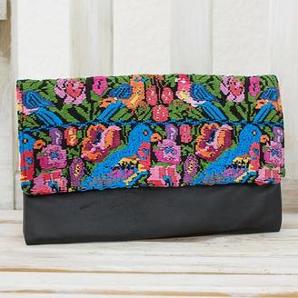 Black Leather Clutch Bag with Multi Color Hand Woven Cotton, 'Chichicastenango Colors'