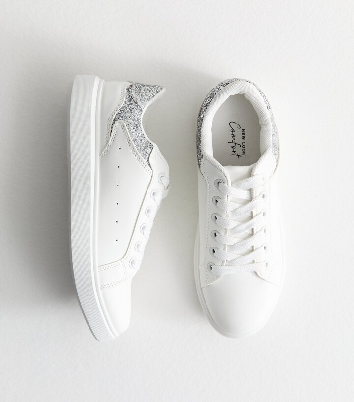 New Look Women's White Glitter Panel Faux Leather Trainers Vegan