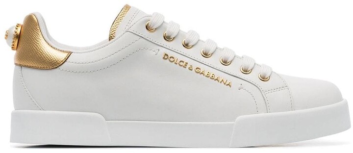 dolce & gabbana white pearl embellished leather sneakers