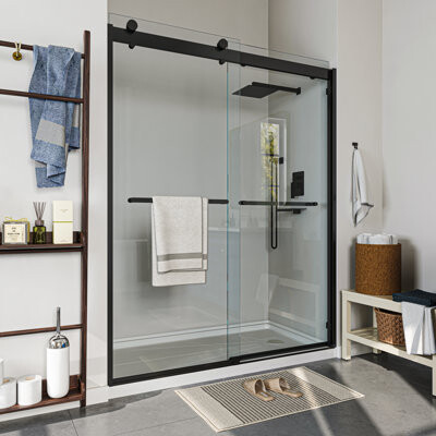 TOOLKISS 60 in. W x 76 in. H Framed Exposed Roller Sliding Shower Door in Matte Black with 5/16 in. (8mm) Tempered Clear Glass