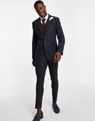 ASOS DESIGN wedding super skinny wool mix suit trousers with grid window check in navy