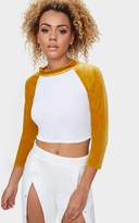 Thumbnail for your product : PrettyLittleThing Mustard Contrast Raglan Velvet Sleeve Crop Top