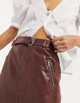 Object leather mini skirt in brown snake