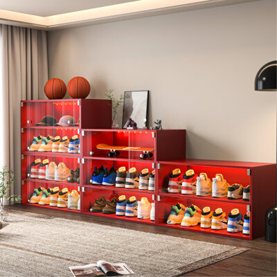 Wrought Studio Red Shoe Storage Cabinet With Led & Glass - Holds 9 Pairs Remote Control  Wood 3 Layers Wooden For Sneakers Rust Doors