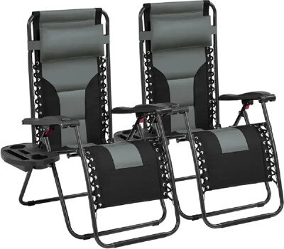 Arlmont & Co. 2Pcs Padded Outdoor Recliner Zero Gravity Lounge Chair Set Oxford Cloth Foldable Reclining With Armrests Cupholder & Pillow For Patio Garden Po