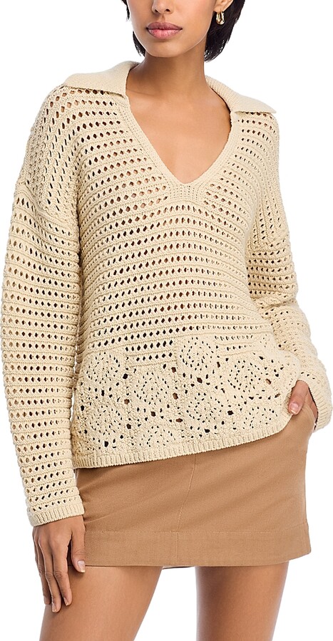 Aqua Crochet V Neck Polo Sweater - Exclusive