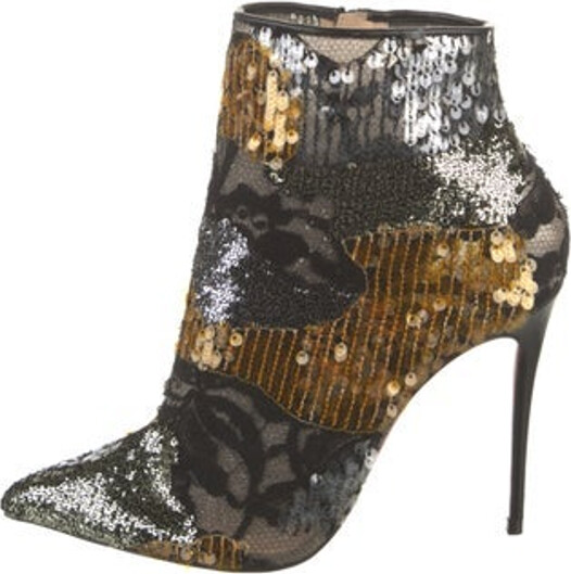 Christian Louboutin Sequins Ankle Boots Gold & Metallic Patterned Leather Trim Pointed-Toes with Lace Trim Embellishment Exposed Zip Closure at Sides Designer
