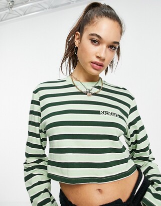 Kickers cropped long sleeve t-shirt in green stripe with logo - ShopStyle  Tops