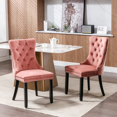 House of Hampton Nikki Collection Modern, High-end Tufted Solid Wood Contemporary Velvet Upholstered Dining Chair with Wood Legs Nailhead Trim 2-Pcs Set,Pink, SW2001PK