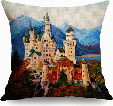 BRBCA Neuschwanstein Castle Bavaria Decorative Pillow Cover - Cotton Linen Cushion for Home Sofa Bench Decor - Original Painting Artistic Design