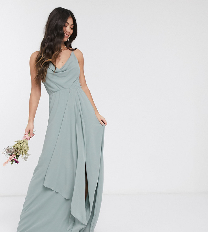 TFNC Petite bridesmaid cowl neck cami strap maxi dress with train in sage -  ShopStyle