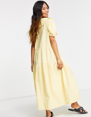 Neon Rose midi smock dress with oversized collar and tiered skirt in gingham