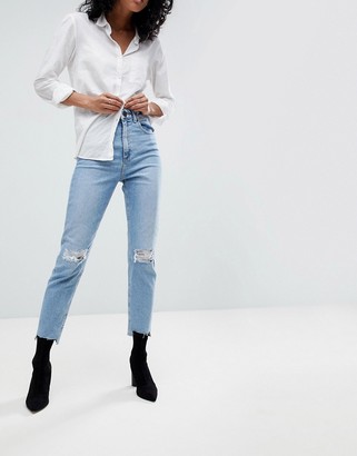 ASOS DESIGN high rise farleigh 'slim' mom jeans in light vintage wash with  busted knee and rip & repair detail - ShopStyle