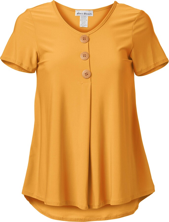 Star Vixen Women's Short Sleeve Button Front Flowy Top with Pleated Detail 
