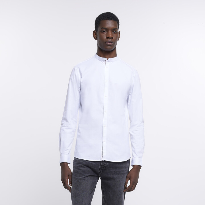 River Island Mens White Slim Fit Grandad Neck Oxford Shirt