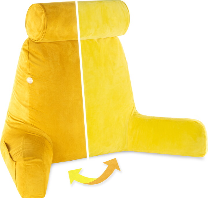 Husband Pillow XXL Aspen Edition - Adult Reading Bed Rest Pillow with Arms & Detach Neck Roll on Bungee Cord - Premium Memory Foam, Reversible 2 Sided Covers Micro Suede or Plush, Gold Rush