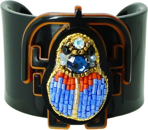 Gissa Bicalho Brown / Blue Handmade Acrylic Bracelet Scarab Embroidered Topaz