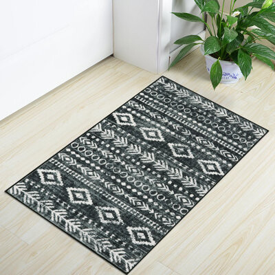 Kitchen Rugs Non Slip Washable Rugs For Entryway, Boho Black White 2X3 Entry Rug Ultra-Thin Moroccan Print Bathroom Mat With Rubber Backing, Farmhouse