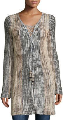 Calypso St. Barth Maviale Metallic Ribbed Lace-Up Tunic Sweater