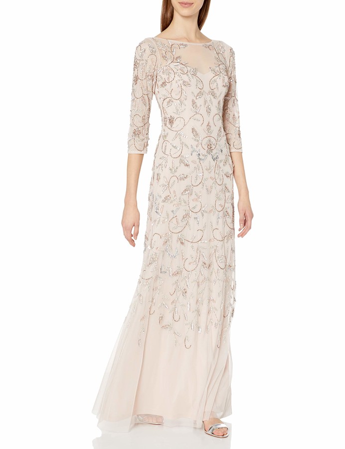 Adrianna Papell Women's Beaded Long Gown with Illusion Neckline ...