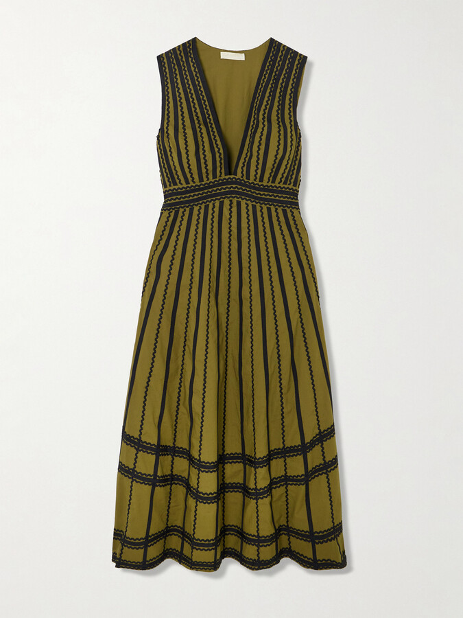 Ulla Johnson Palermo Ricrac And Grosgrain-trimmed Cotton-poplin Midi Dress - Green