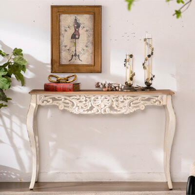 Latitude Run Distressed Solid Wood Console Table With Scalloped Edge And Carvings Ideal For Entryways Easy To Up 43.68 In Depth Antique White Vintage Floral Car