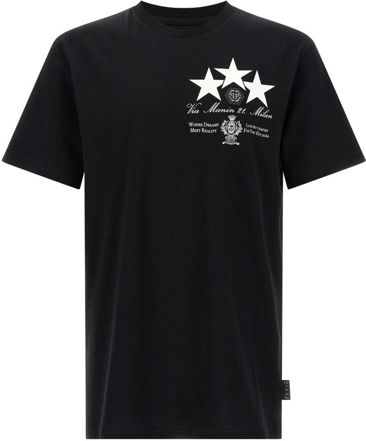 Philipp Plein Crewneck T-Shirt With Front Print And Logo Patch