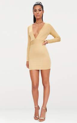 PrettyLittleThing Gold Ribbed Long Sleeve Plunge Bodycon Dress