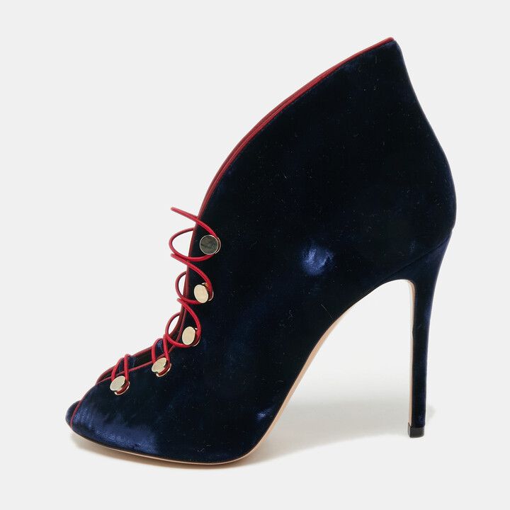 Gianvito Rossi Navy Blue Velvet Miral Open Toe Ankle Boots Size 41