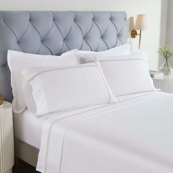 Blue Nile Mills CottonTwo-LineEmbroideredSheetSet,King,White-Taupe-BlueNileMills