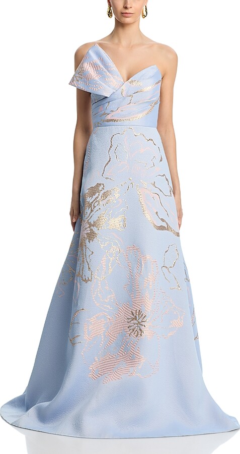 Teri Jon by Rickie Freeman Metallic Jacquard Side Bow Gown