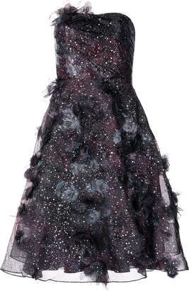 Marchesa Notte Strapless Foiled Ruffle Dress