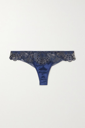 I.D. Sarrieri Moonlight Embroidered Tulle And Satin Thong - Midnight blue
