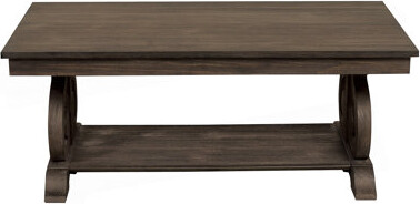 Classic Wooden Coffee Table with Bottom Shelf and Scrolled Base, Ideal for Living Room Decor.