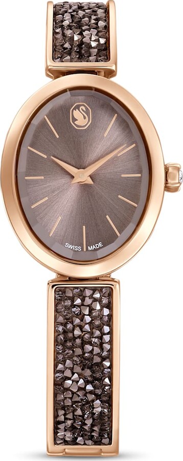 Swarovski Crystal Rock Oval watch, Swiss Made, Metal bracelet, Black, Rose  gold-tone finish - ShopStyle
