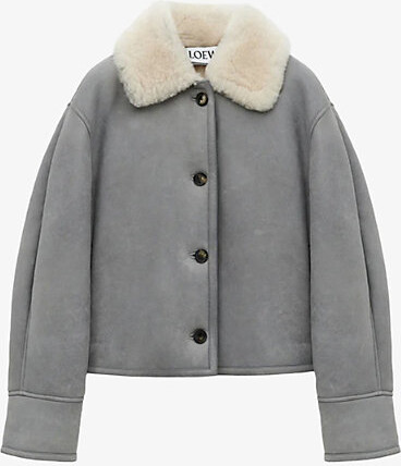 Loewe Womens Grey Wide-Collar Brushed Shearling Jacket 12