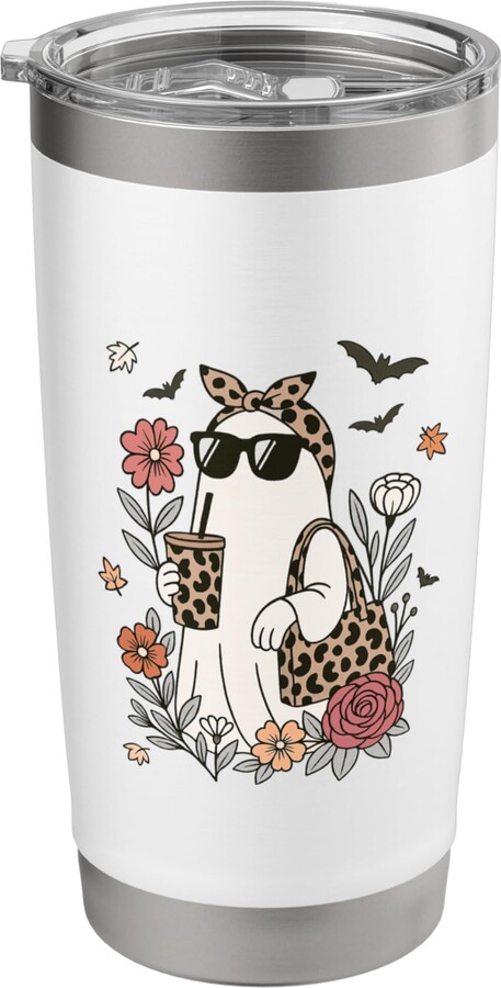 Halloween Ghost Fun Floral Women Spirits Halloween Ghost with Coffee Latte Leopard Floral Vibe Stainless Steel Insulated Tumbler