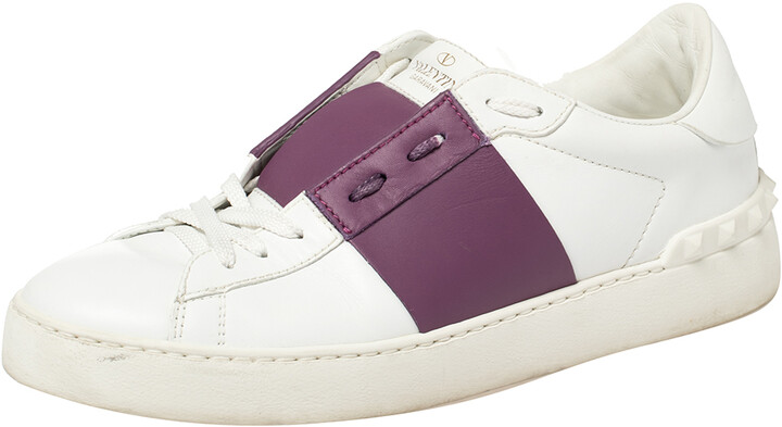Valentino White/Purple Leather Rockstud Low Top Sneakers Size 39 - ShopStyle