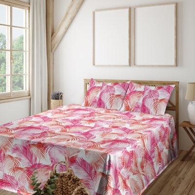 Ambesonne Palm Trees Sheet Set Hawaii Dreamy Leaves Hot Pink Dark Salmon