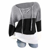 Thumbnail for your product : MOTOCO Womens Color Block Knitted Sweater Casual V Neck Lace Drawstring Long Sleeve Jumper Pullover Tops(L