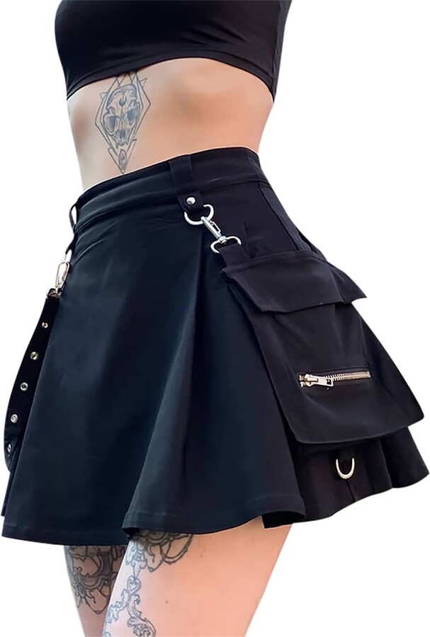 Ruolai Women High Waisted Goth Skirt Y2K A-Line Black Pleated Skirt Mini Tennis  Skirt - ShopStyle