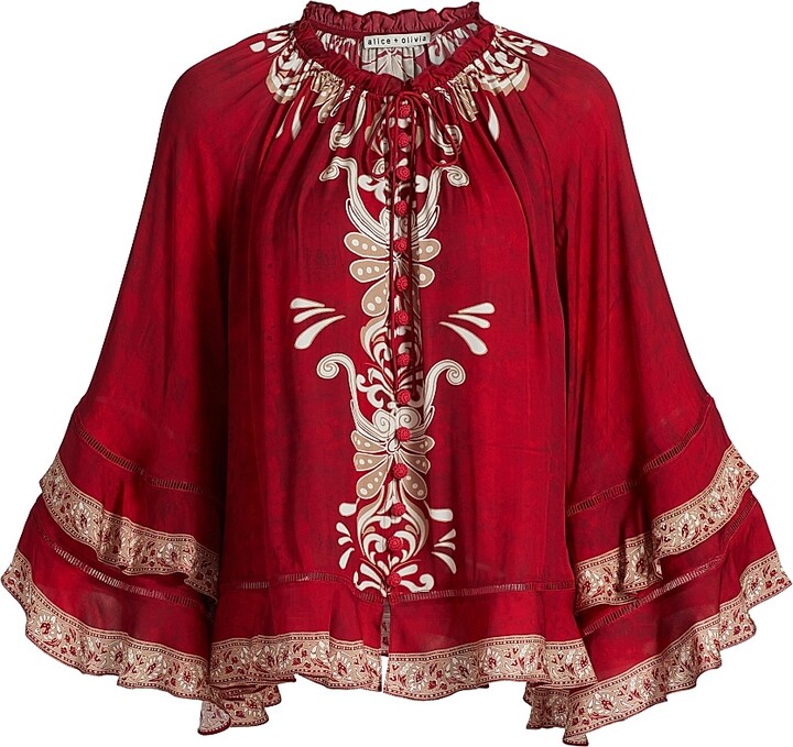 Alice + Olivia Women's Leonora Button-Frontt Ruffle Sleeve Tunic Top - Serenade Dark Cherry - Size XS