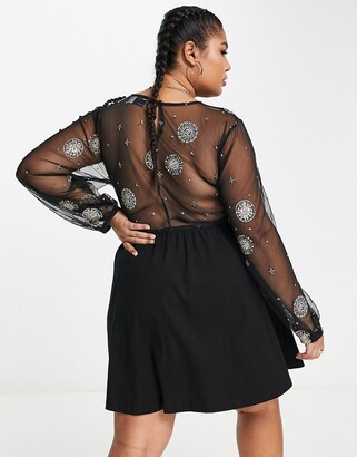 ASOS Curve ASOS DESIGN Curve long sleeve mesh mini dress with ladder trim  and celestial embroidery in black - ShopStyle