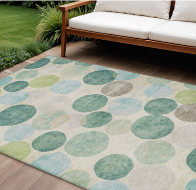 HomeRoots 9' X 12' Teal Blue Green And Ivory Geometric Washable Indoor Outdoor Area Rug
