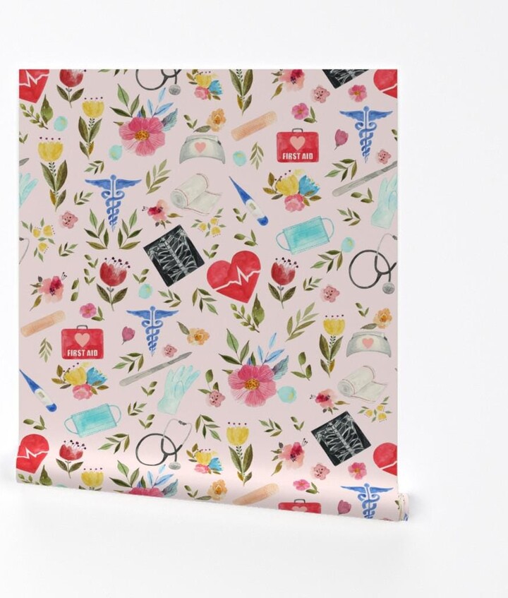 Nurse Wallpaper - Love To Care Medical By Rebelmod Doctor's Office Pink First Aid Removable Self Adhesive Roll By Spoonflower