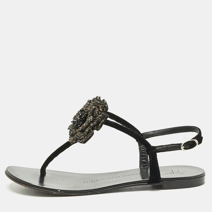 Giuseppe Zanotti Black Velvet Crystal Embellished Flower Flat Thong Sandals Size 36