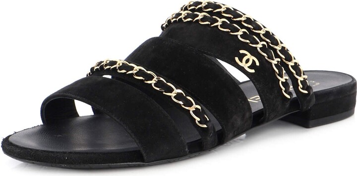 Chanel chain detailed slide sandals in blue leather