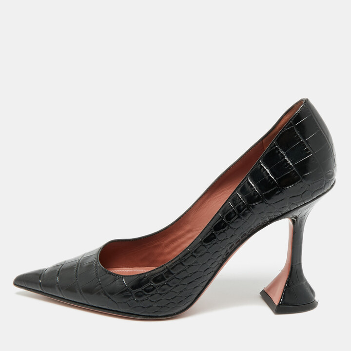 Amina Muaddi Ami Size 39.5 Black Croc Embossed Leather Pumps